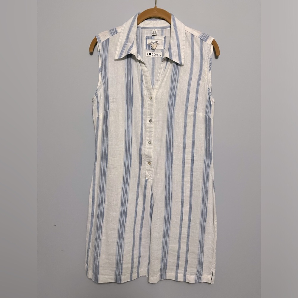 Malvin I 🩷 linen white dress with blue vertical stripes